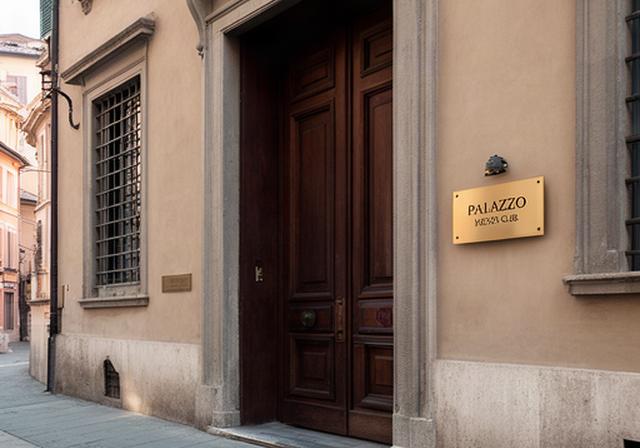 Ingresso del club su Strada Santa Margherita a Parma con portone in legno scuro e targa otoneata