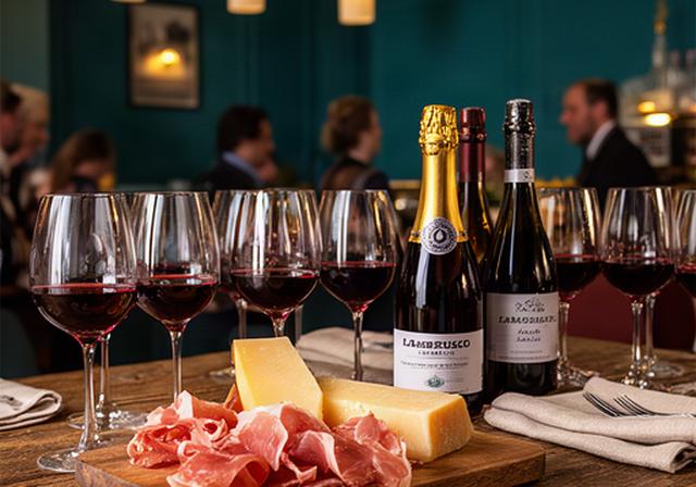 Tavolo da degustazione con calici di vino rosso, bottiglie di lambrusco e barolo, tagliere di parmigiano e prosciutto crudo su tavola in legno massello